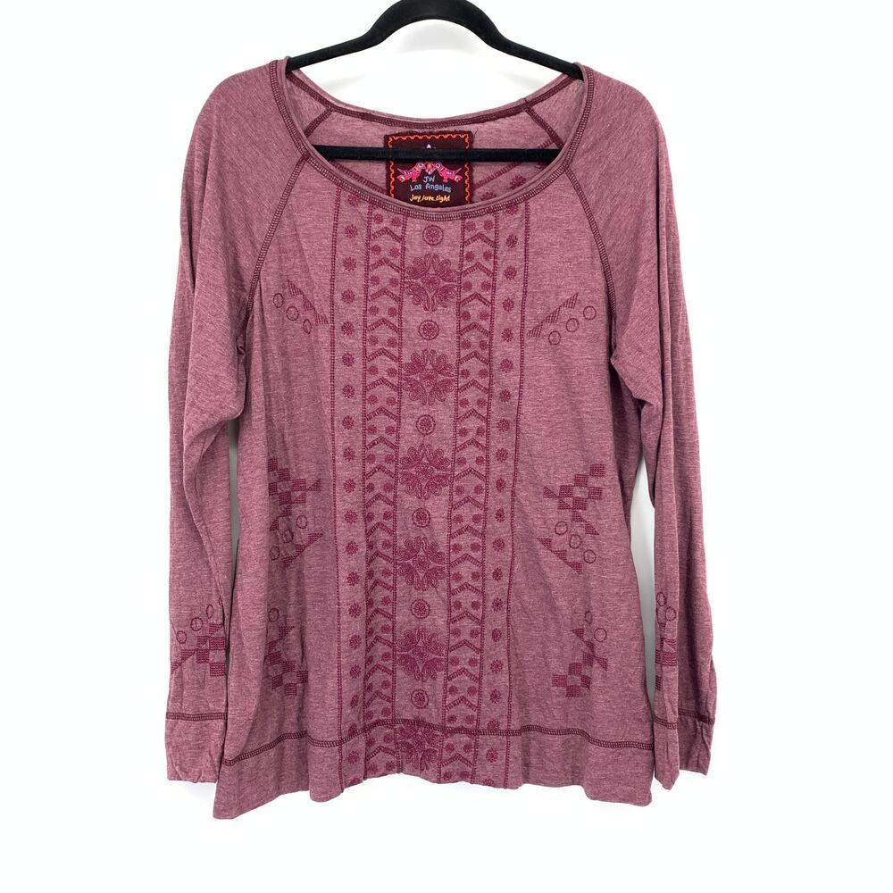 Johnny Was Long Sleeve Embroidered Knit Shirt Two Tone Maroon Womens Sz XL